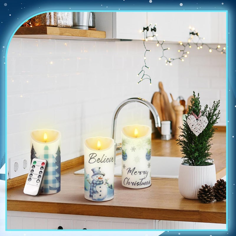 ROCEEI Store 3 Pcs Christmas Snowflake Style Candles Battery Operated LED Candles Winter Christmas Snowflake Style Pillar Flickering Real Wax Decorations for Indoor Table Decor Xmas Gifts Holiday Party - Image 5